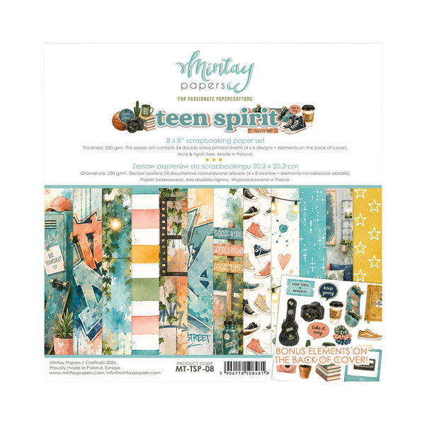 Minty Papers 'Teen Spirit' scrapbooking paper set, featuring an 8x8 inch paper pack with various retro-themed patterned sheets, stickers, and embellishments on a white backing card.