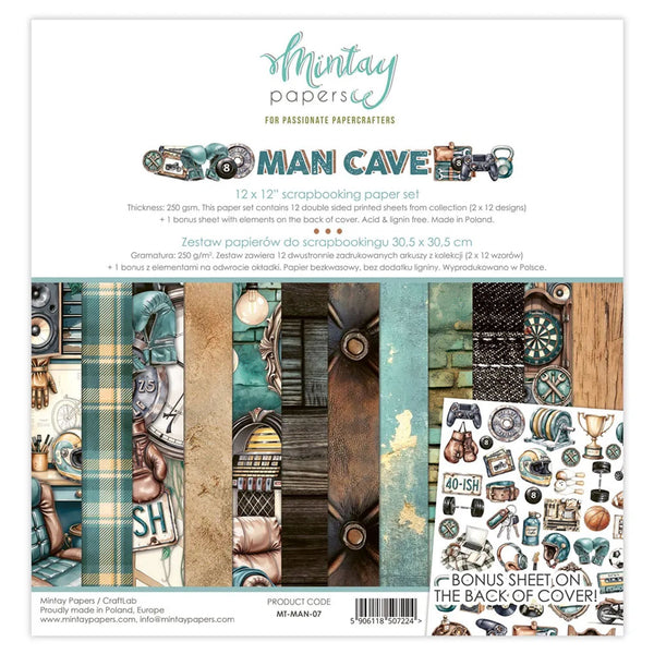 Mintay Papers Man Cave scrapbooking paper set packaging with various design elements.