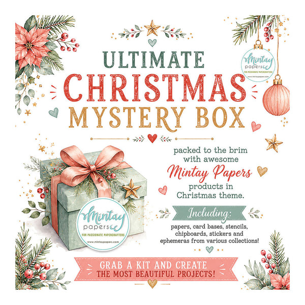 Promotional graphic for the 'Ultimate Christmas Mystery Box' by Mintay Papers, featuring festive watercolor illustrations of pine branches, poinsettias, ornaments, and a wrapped gift box with a pink ribbon. The text outlines the contents of the kit, including papers, card bases, star cutouts, chipboards, stickers, and ephemera.