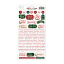A sheet of 'Merry & Bright' family-friendly Christmas words stickers on a white backing card, featuring various holiday-themed stickers like 'Joy', 'Merry', 'Christmas Blessings', and 'With Love' in red, green, pink, and cream colors.