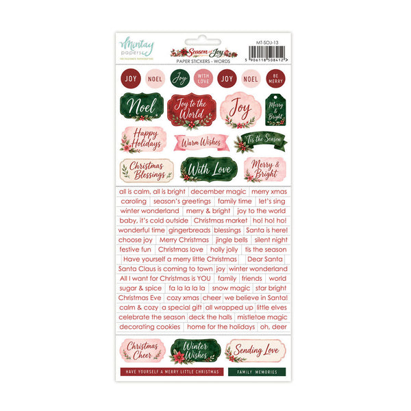A sheet of 'Merry & Bright' family-friendly Christmas words stickers on a white backing card, featuring various holiday-themed stickers like 'Joy', 'Merry', 'Christmas Blessings', and 'With Love' in red, green, pink, and cream colors.