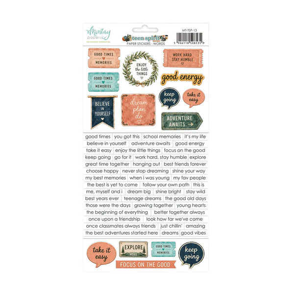 A sheet of scrapbook stickers from Minnie May's Memory Bank, featuring various retro-style labels, stickers, and a central wreath with the words 'good energy' in gold foil. The sheet includes text elements like 'good times', 'believe in yourself', and 'focus on the good'.