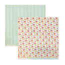 Two square sheets of patterned paper from The Sweetest Thing, one with a mint green and white tape measure pattern and the other with a white background covered in a red, orange, and yellow floral motif.
