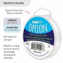 A spool of BeadSmith Opelon stretch jewelry fiber in white, shown on a clean white background with product details and text callouts about length, diameter, and material.