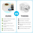 Comparison chart between 'OURS' and 'THEIRS' with text and product images on a light blue background.