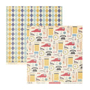 Two sheets of scrapbook paper, featuring a blue, yellow, and cream argyle pattern on one sheet, and a retro 1950s-themed pattern with red typewriter, clocks, and telephones on another.