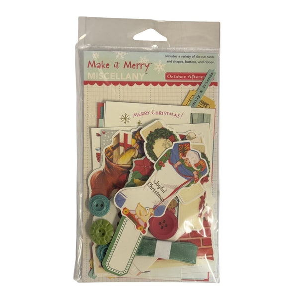 A packaged set of Christmas-themed miscellany paper cutouts and embellishments. The clear plastic bag contains assorted festive cutouts, buttons, ribbons, and cards, with the header card reading 'Make it Merry Miscellany' and 'Outdoor Affair.