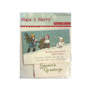 Packaged postcard set titled "Make it Merry POSTCARDS" with a Christmas winter scene card and a "Season's Greetings" card visible through clear plastic wrapping on a white background.