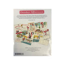 Back of an October Afternoon cardstock pack by October Wonderland, showing product description text, a barcode, and a collage of vintage-style holiday card designs inside a clear plastic bag.