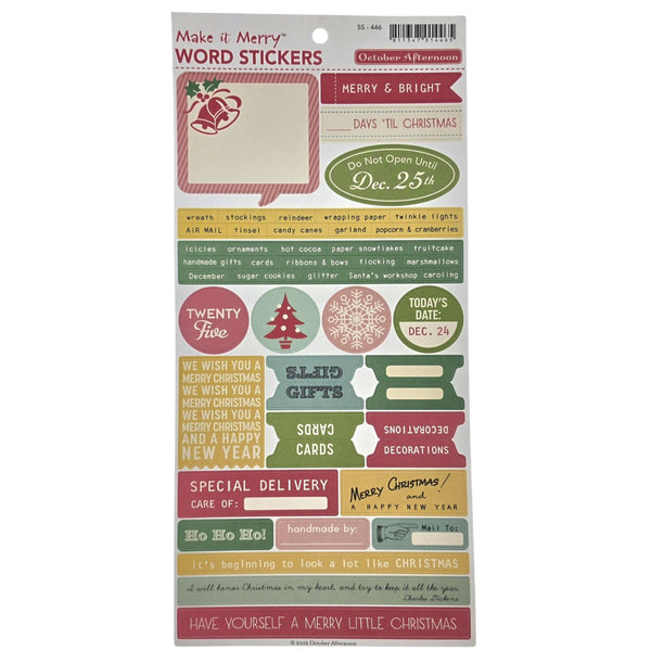 A sheet of outdoor afternoons' word stickers featuring Christmas-themed labels, tags, and decorative stickers in muted holiday colors like red, green, beige, and yellow.