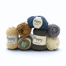 A group of Poppy Crafts yarn balls in assorted neutral and earthy colors, including blue, olive green, mustard, gray, cream, and brown, arranged on a white background.