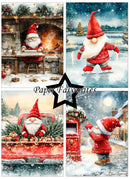 A four-panel Christmas collage featuring a gnome in winter scenes: sitting by a fireplace, skating in snow, sitting in a red truck with gifts, and standing by a mailbox. A central black star contains the text 'Paper Favourites'.