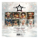 A square product card for a 'Paper Favourites' Christmas Mouse paper pack, showing eight illustrated holiday mouse designs in a 4x2 grid. The card has a snowy winter border with ornaments and the text 'Paper Favourites' and 'Christmas Mouse', plus product details and a barcode at the bottom.
