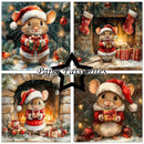 A four-panel Christmas collage featuring a small brown mouse dressed in a red Santa hat and coat, holding wrapped gifts in festive holiday scenes with stockings, a fireplace, ornaments, and pine branches. A black star outline in the center contains the text 'Paper Favourites'.
