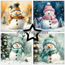 A four-panel collage of winter snowman illustrations with different hat and scarf colorways, plus a central black star outline and the text 'Paper Favourites'. The snowmen are shown in snowy outdoor scenes with trees and ornaments.