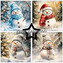 A four-panel collage of winter snowman illustrations with different hats, scarves, and snowy backgrounds. The panels are arranged in a 2x2 grid with a black star outline and the text 'Paper Favourites' across the center.
