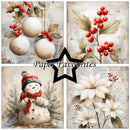 A collage of four Christmas-themed art prints with a central black star containing the text 'Paper Favourites'. The designs include cream-colored ornaments with red berries, red holly leaves and berries, a snowman in a red scarf and hat, and white poinsettia flowers on a vintage, distressed beige background.