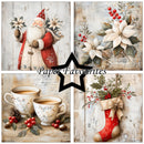 A four-panel collage of vintage Christmas-themed artwork with a central black star containing the text 'Paper Favourites'. The panels show a Santa Claus figure, white poinsettias with red berries, two cream teacups, and a red Christmas stocking with a beige bow, all on a distressed whitewashed wood background.