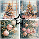 A collage of four square panels showing a decorated Christmas tree in a snowy window scene, close-up ornaments, and a central black star with the text 'Paper Favourites'. The artwork uses soft pastel tones with pink, gold, green, and white.