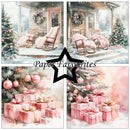 A four-panel collage of soft pink Christmas-themed illustrations, showing snowy porch scenes with rocking chairs, decorated trees, wrapped gifts, and ornaments. A large black star outline and the text 'Paper Favourites' are centered over the panels.