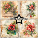 A four-panel collage of vintage-style floral artwork featuring red poinsettias and holly leaves on aged paper backgrounds, with a large black star in the center and the text 'Paper Favourites' across the middle.