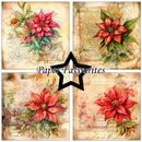 A four-panel collage of vintage-style floral artwork featuring poinsettia-like red flowers on aged parchment backgrounds, with a large black star in the center and the text 'Paper Favourites' across the middle.