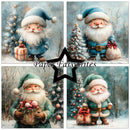 A four-panel collage of whimsical Santa Claus illustrations in winter scenes, with a black star outline and the text 'Paper Favourites' across the center. The Santa outfits and accessories vary slightly between panels, but the overall color identity is soft blue, white, and muted green with small red accents.
