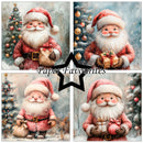 A four-panel collage of cute, stylized Santa Claus illustrations with Christmas trees and gifts, arranged in a grid with a black star outline and the text 'Paper Favourites' across the center.