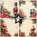 A four-panel Christmas-themed collage with vintage illustrations: nutcracker soldiers, Santa Claus, poinsettias, holly, pine branches, and ornaments on an aged cream background. A large black star overlays the center, with the text 'Paper Favourites' across the middle.