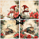 A four-panel holiday collage featuring snowmen in red plaid hats and scarves with poinsettias, evergreen branches, and vintage steam trains. A black star-shaped watermark with the text 'Paper Favourites' overlays the center.