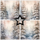 A four-panel collage of watercolor winter forest scenes with snow-covered pine trees in soft beige, blue, and gray tones. A black outlined star sits in the center with the text 'Paper Favourites' across it.