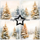 A collage of four watercolor-style winter forest scenes with snow-covered pine trees, overlaid with a large black star outline and the text 'Paper Favourites' in the center.