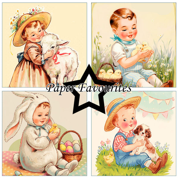 Set of four vintage-style illustrations featuring children with animals and Easter-themed elements, branded 'Paper Favourites'.