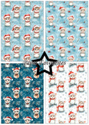 Four Christmas-themed pattern swatches arranged in a 2x2 grid, each showing cute cartoon mice wearing Santa hats and scarves on snowy backgrounds. A black star outline in the center contains the text 'Paper Favourites'.