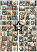 A collage of many Christmas-themed square illustrations and patterns, including stockings, ornaments, wreaths, snowflakes, gifts, trees, and holiday scenes. A large black star outline in the center contains the text 'Paper Favourites'.
