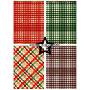Four gingham and plaid patterned paper sheets arranged in a 2x2 grid on a white background, with a black star and the text 'Paper Favorites' across the center.