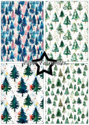 Four watercolor pine tree pattern swatches arranged in a 2x2 grid, with a black star overlay and the text 'Paper Favourites' across the center. The designs feature various colorways including blue, green, pink, and multicolor splatters on white backgrounds.