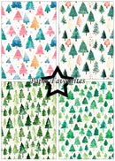 Four watercolor Christmas tree pattern swatches arranged in a 2x2 grid on a white background, with a black star and the text 'Paper Favourites' in the center.