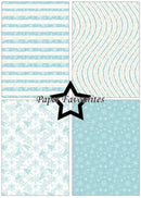 Four square swatches of light blue and white patterned paper shown in a 2x2 grid, with a black outlined star in the center and the text 'Paper Favourites' across the middle.