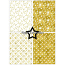 Four rectangular holiday-themed patterned paper designs arranged in a 2x2 grid on a white background, with a black star and the text 'Paper Favourites' over the center. The patterns feature gold and white Christmas motifs including ornaments, gifts, snowflakes, and reindeer.
