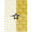 Four gold and white Christmas-themed patterned papers shown in a 2x2 grid, with a black star logo and the text 'Paper Favourites' in the center.