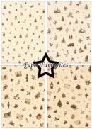 Four Christmas-themed paper pattern swatches arranged in a 2x2 grid on a white background, with a black star logo and the text 'Paper Favourites' across the center.