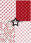 Four Christmas-themed pattern swatches arranged in a 2x2 grid, with a black outlined star and the text 'Paper Favourites' across the center. The patterns include red reindeer on white, red Santa Claus motifs on red, red and brown holiday icons on white, and red snowflakes on white.