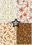 Four square swatches showing different autumn-themed floral and botanical patterns, arranged in a 2x2 grid with a black star in the center containing the text 'Paper Favourites'. The patterns feature cinnamon sticks, pine branches, berries, and flowers in warm tones of orange, brown, beige, and green.