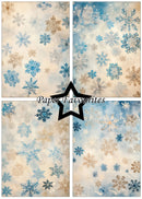 Four square paper designs with a winter snowflake pattern, arranged in a 2x2 grid. The designs feature blue, navy, and beige snowflakes on a textured cream and light blue background.