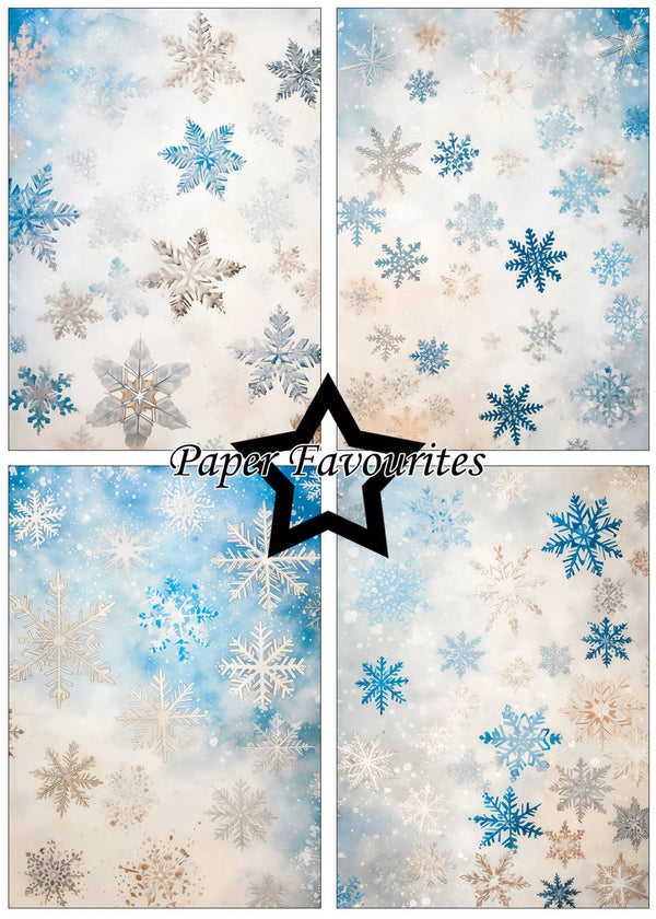 Four square paper designs with a winter snowflake pattern in shades of blue, white, and beige, arranged in a 2x2 grid with a black star in the center and the text 'Paper Favourites' across the middle.