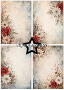 Four square decorative paper designs arranged in a 2x2 grid, each with a distressed cream background, blue-gray weathered wash, and floral corner accents in red, white, and muted green. A black star outline in the center contains the text 'Paper Favourites'.