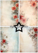 Four vintage-style floral paper backgrounds arranged in a 2x2 grid, with a black star outline and the text 'Paper Favourites' across the center. The designs feature red, pink, white, and blue floral arrangements on aged cream and pale blue backgrounds.