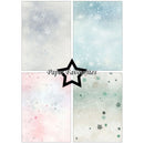 Four square paper designs arranged in a 2x2 grid with a black star in the center and the text 'Paper Favourites' across the middle. The papers feature soft watercolor washes and scattered snowflake motifs in pale blue, pink, mint green, and cream tones.