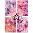 Four vertical art panels featuring pink and purple butterfly illustrations over a soft marbled background, arranged in a 2x2 grid with a black star outline and the text 'Paper Favourites' across the center.
